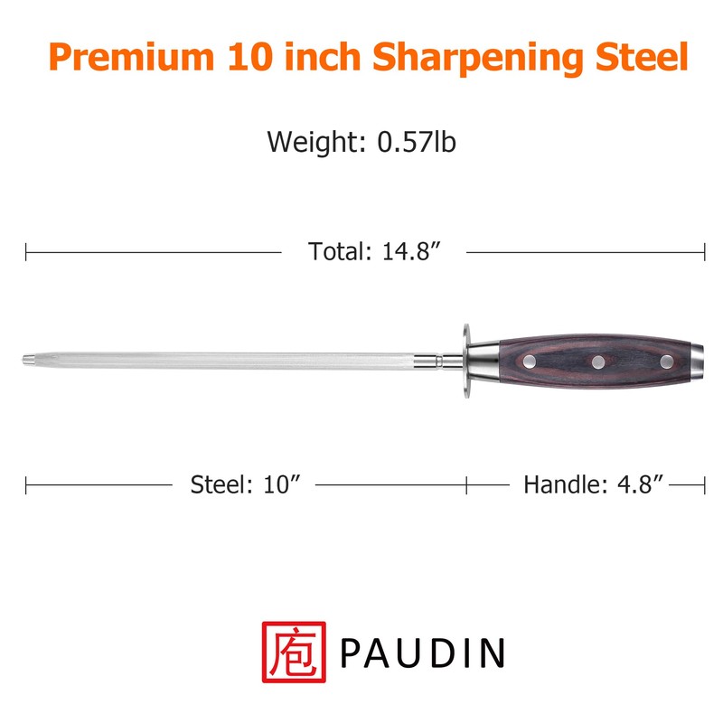 PAUDIN 10 Inch Honing Steel, Knife Sharpening Steel, Professional Carbon