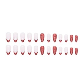 Christmas Press on Nails Medium Almond SWEKKE French Winter Fake Nails Glitter Wine Red Full Cover Glue on Nails Glossy False Nails with Nail Glue Stick on Nails Artificial Nails for Women Girls 24Pcs