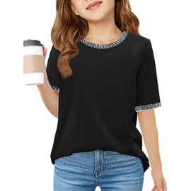 Haloumoning Girls Color Block Short Sleeve Shirts Kids Summer Striped Crewneck Tops Casual Tees 5-14 Years Black