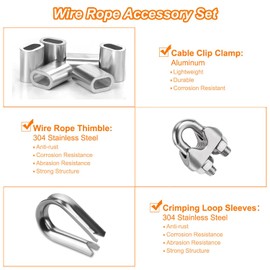 RHQFDM Wire Rope Clamp Set 12 Pieces M3 Wire Rope Clamp,Wire Rope Clamp Stainless Steel 304,With Aluminium Press Clamps,Wire Rope Thimbles,Wire Rope Clips for Fixing Awnings and Drying Racks