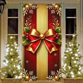 Blissyard Merry Christmas Door Cover 35x71 Christmas Gift Box Present Hanging Banner Decoration Winter Holiday Bow Window Door Cover Red and Gold Stripes Ornaments New Year Party Home Wall Outdoor ​