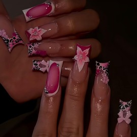 YOLEZI Medium Square Press on Nails French Tip Fake Nails with 3D Pink Flower Bow Charms Designs Fake Nail Glue on Nails Full Cover Acrylic Nails for Women 24 PCS (P-28, M-21)