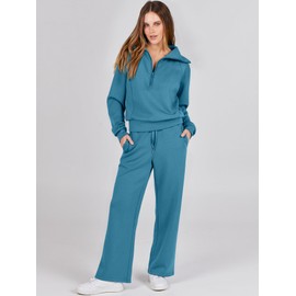 ANRABESS Women 2 Piece Outfits 2025 Fall Fashion Airport Wide Leg Pants Lounge Set Leisure Travel Vacation Clothes Sweatsuits Lake Blue Large