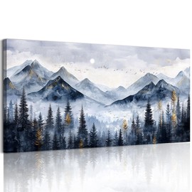 SERIMINO Mountain Landscape Large Wall Art, Misty Forest Canvas Prints, Blue Gold Watercolor Pine Tree Paintings Wall Decor Living Room Bedroom, Natural Scenery Office Decor Pictures 20"X40"