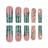 Foccna Press on Nails Long Rhinestone Green Fake Nails French