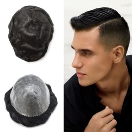 Toupee For Men Hair Piece European Real Human Replacement System 0.12mm Full Thin Skin Natural Looking Mens Units (8''10'', 1B# OFF BLACK-120 Percent medium light to density), PAPY-J