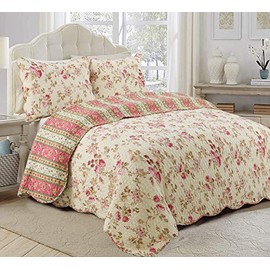 Cozy Line Home Fashions Vintage Floral Rose Chintz 3-Piece Khaki Pink Green Scalloped Cotton Reversable Queen Quilt Bedding Set
