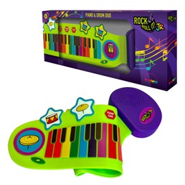 Jr Piano and Drum Duo - Portable Flexible Piano & Drum Pad Toy for Ages 3+ Kids. Educational Silicone Musical Instrument Playset with 32 Standard Keys & Built-in Speaker. Battery Powered