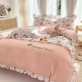 GETIYA Girls' Women's Bed Linen 135 x 200 cm Red Flowers Bed Linen Pink White Microfibre Bed Linen Floral Pattern Floral Duvet Cover Single Bed Romantic Ruffle Bed Linen with 1 Pillowcase 80 x 80 cm
