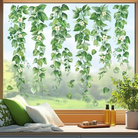 wondever Hanging Vine Eucalyptus Leaves Window Clings Green Plants Leaves Glass Sticker Decal Anti Collision Double-Side Static Window Stickers for Home Glass Window