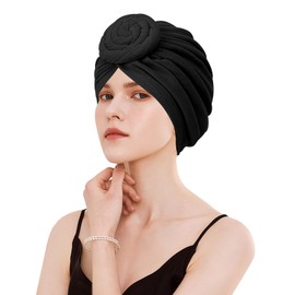 Adorila Stretch Turban Hats for Women, Reusable Washable Pre Tied Head Scarves, Soft Breathable Headwraps for Keep Hair Style Cap, Sleep Hat (Black), Black, One size