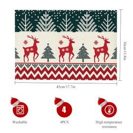 Set of 4 Christmas Place Mats, Washable Pixel Style Red Green Christmas Tree Reindeer Linen Place Mats Fabric Christmas Party Table Decoration (45 x 30 cm)