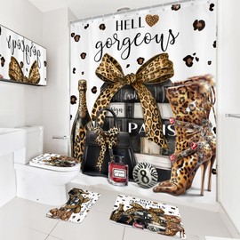 Cinbloo 4Pcs Brown Leopard Shower Curtain Set, Cheetah Bathroom Curtain with Rug, Toilet Lid Cover, Bath Mat, Fashion Luxury Magazine Books Perfume High Heels Girly Shower Curtain with 12 Hooks