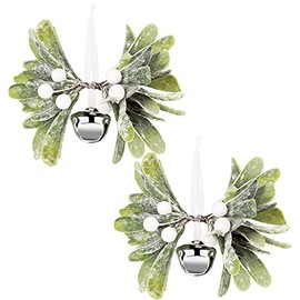 Christmas Mistletoe Bells Mistletoe Balls Holiday Artificial Mistletoe Balls Kissing Mistletoe Ball Ornament with Knots and Bells for Home Christmas Party Decoration (2 Pieces)