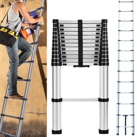 Stainless Steel Telescopic Ladder 3.8M/12.5FT, Portable Folding Extension Ladder, 2.5M+2.5M Loft Ladder with Nonslip Rubber Feet for Home RV Outdoor, EN131 Certified, Max Load 330LB