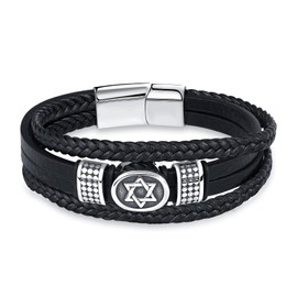 INFINIONLY Mens Teenagers Multi-Layer Black Leather Braided Bracelet Fashion Stainless Steel Bracelet with Silver Star for Boys