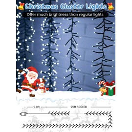 25FT 500 LED Christmas Cluster Lights, Firecracker String Lights with Remote & 8 Modes & Timer, Waterproof Fairy Twinkle Light Plug in for Indoor Outdoor Party Garden Xmas Tree Decoration, Cool White