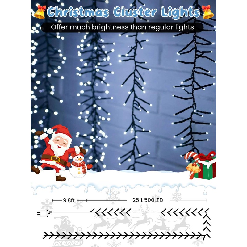 25FT 500 LED Christmas Cluster Lights, Firecracker String Lights with