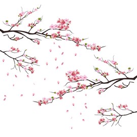 Buiory Removable Watercolor Pink Cherry Blossoms Wall Stickers - 3D Tree Branches with Flower Wall Decals, DIY Floral Wall Decor for Kids, Girls Bedroom, Nursery, Home Corner Decoration (A)