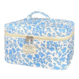 WYJ Blue Large Quilted Floral Makeup Bag Cute Soft Coquette Aesthetic Cosmetic Bag Cotton Travel Toiletry Bag for Women