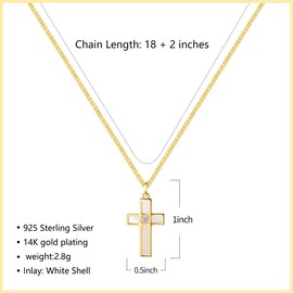 S925 Sterling Silver Cross Necklace for Women, Dainty Mother of Pearl Pendant with Cubic Zirconia, Chic Symbolic Jewelry Gift for Her (Luna Shell Zircon)