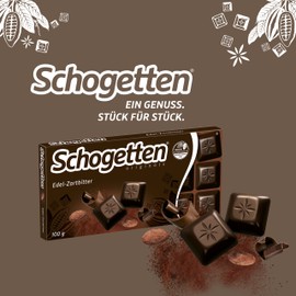 Schogetten Edel-Zartbitter 100g Schokoladentafel, praktisch einzeln portioniert. Ein Genuss. Stück für Stück.