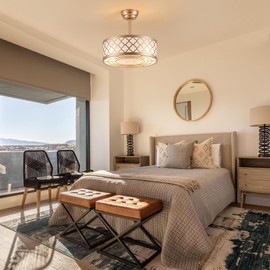 Oaks Aura 18" Gold Fandelier Ceiling Fan with Light,Fabric Boho Chandelier Ceiling Fans with Lights and Remote Control,Mid-Century Modern Caged with 6 Speeds,Reversible Motor for Bedroom,Nursery