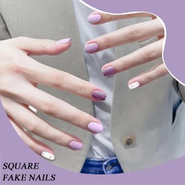 24Pcs Künstliche Fingernägel Kurz - Glitzer Press On Nails - Square Nails Zum Aufkleben - Nude Rosa Lila & White Falsche Nägel - Full Cover Kunstnägel für Frauen Mädchen