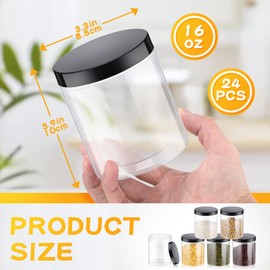 Irenare 24 Pcs 16 oz Plastic Jars with Lids Clear Plastic Containers Wide Mouth Food Mason Jars Airtight Storage Containers for Cake, Dried Fruit, Honey, Nuts, Carft, Scrub Cream(Black Lids)