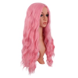MapofBeauty 28 Inch/70 cm Long Wavy Middle Part with No Bangs Synthetic Fiber Curly Fashion Women Party Cosplay Wig (Light Pink)
