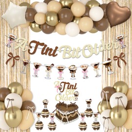 Ouddy Party A Tini Bit Older Birthday Decorations, Gold Brown Glitter Tiny Bit Older Banner Balloon Garland Cake Toppers Bows Fringe Curtain for Girls Women Espresso Martini Bar Bachelorette Party Decor Supplies