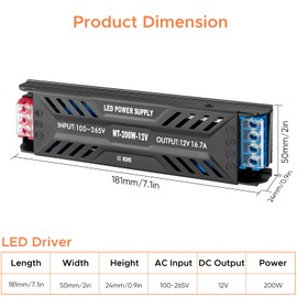 MujHoJm LED Power Supply 12V 200W, LED Driver 16.7A, 120V to 12V Transformer, IP20 Compact for Home Lighting, LED Lamps
