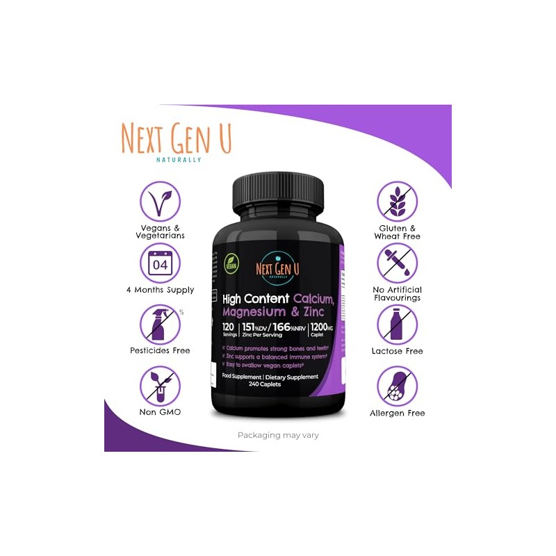 NGU Calcium Magnesium Zinc Essential Mineral Supplement 240 Vegan Caplets