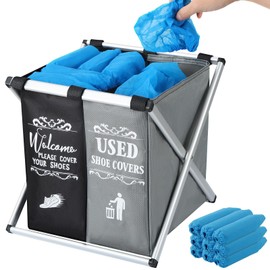 Foldable Shoe Cover Box Dispenser with 100PCS Shoe Covers, Shoe Covers Box with Double Compartment Fabric Storage Bin Holder for Indoors Open House Supplies, House Indoor Guest Supplies