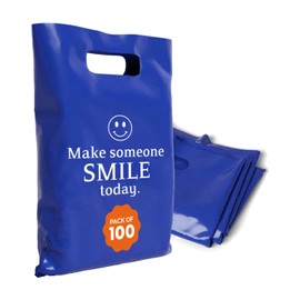 OPTIPAK Plastic Bags with Handles – 12x15 Merchandise Bags for Small Business, Die-Cut Retail Boutique & Shopping Bag, Goodie Bag & Trade Show Supplies – Make Someone Smile Today (Pack of 100)