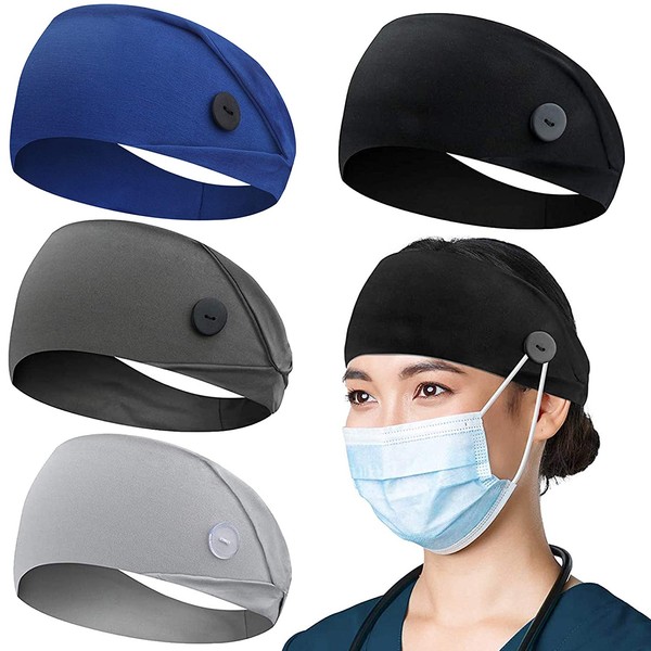 Headbands with Button for Mask, Wide Nurses Headbands Non Slip Elastic Ear Protection for Women Men Doctors Sweatband Head Wrap