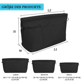Grantop Handbag Organiser Nylon, Handbag Organiser with Key Ring, Bag Organiser Felt Bag in Bag Organiser, Inner Pockets for Handbags with Key Chain (Black L)