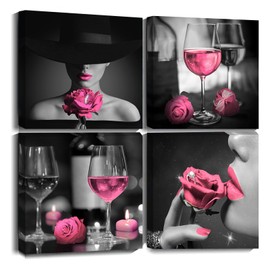 Byllyaz Pink Rose Wine Glasses Wall Art Canvas Decor 12x12 4 Pieces Framed for Bedroom Decor Modern Pink and Black Rose Women with Hat Painting Kitchen Bathroom Pictures Home Decorations Couples Gift
