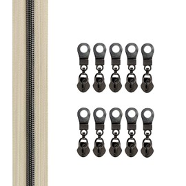 The Yards Bulk Zipper(#5), Beige Nylon Coil with Gunmetal Teeth, 10PCS Sliders for DIY Sewing Craft Bags