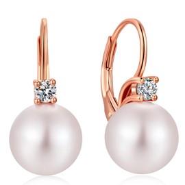 Pearl Earring Women Pearl Diamond Earrings Pearl Leverback Earring Silver Pearl Earring Sterling Silver Pearl Earrings for Women Rose Gold Pearl Dangling Earrings Pearl Drop Earring 10MM ZDaoBen