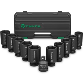TIWINTUL 11-Piece Axle Nut Socket Set, Metric 1/2 Impact Socket 27mm-38mm, CR-MO 3/4"-1/2" Adapter, 6-Point Deep Socket Set for Installing and Removing Axle Nuts, with Portable Storage Case