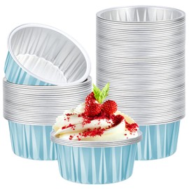 EUSOAR Cupcake Liners Aluminum, 100pcs 5oz Disposable Ramekins Aluminum Foil Dessert Cups, Light Blue Baking Cups Mini Muffin Creme Brulee Containers, Recyclable Catering Favor Baking Cups for Party