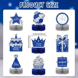 9 Pieces Happy Blue Birthday Centerpieces Decorations for Table Birthday Honeycomb Centerpieces for Men Table Toppers, Blue and Silver Party Decorations for Men Women Birthday Party Supplies