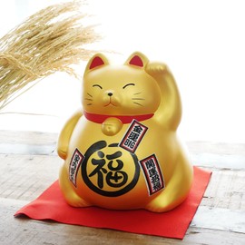 Large Banko Ware Lucky Cat Piggy Bank – 7.8 inches Traditional Japanese Maneki Neko Figurine with Red Mat, Feng Shui Decorative Ornament for Home or Office, Perfect Souvenir or Gift (Gold)
