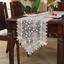 Camino de mesa de encaje con bordado floral de tela rústica elegante y elegante, cubierta transparente para el hogar, comedor, decoración de mesa, boda, fiesta, cambiador (champaña y blanco, 16 x 70