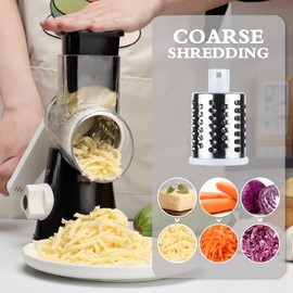 Ancevsk Rotary Cheese Grater with Handle, Manual Speed Round Cheese Shredder with Strong Suction Base, Easy to Use Potato Hashbrown Shredder with 3 Replaceable Stainless Steel Drum Blades (Black)