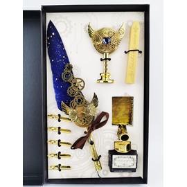 Quill Feather Pen and Ink Set, Calligraphy Set, Calligraphy Kits Includes Antique Quill Feather Pen, 6 Feather Pen Tips, 1 Bottle of Inks, Pen Holder, Seal Stamp and Wax, Birthday Gift