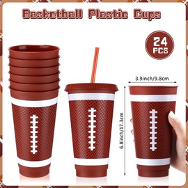 Bokon 12 Pcs Football Plastic Cups with Straw and Lid, Football Party Supplies 24 oz Disposable Football Cups Reusable Football Drinking Cup for Sports Events Birthday Football Party Decorations
