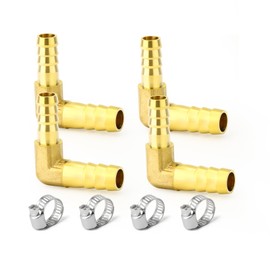 GORAGUCHI 4PCS Brass Hose Barb Reducer, 3/4" Hose ID 90 Degree L Right Angle Elbow, with 12 Hose Clamps for Fuel/Airl/Water/Gas/Oil