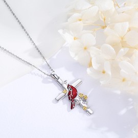 Suiknsn Cardinal Necklace for Women 925 Sterling Silver Cross Red Cardinal Pendant Necklace Hibiscus Cardinal Jewelry Birthday Gifts for Cardinal Lovers Friends Christmas Stocking Stuffers